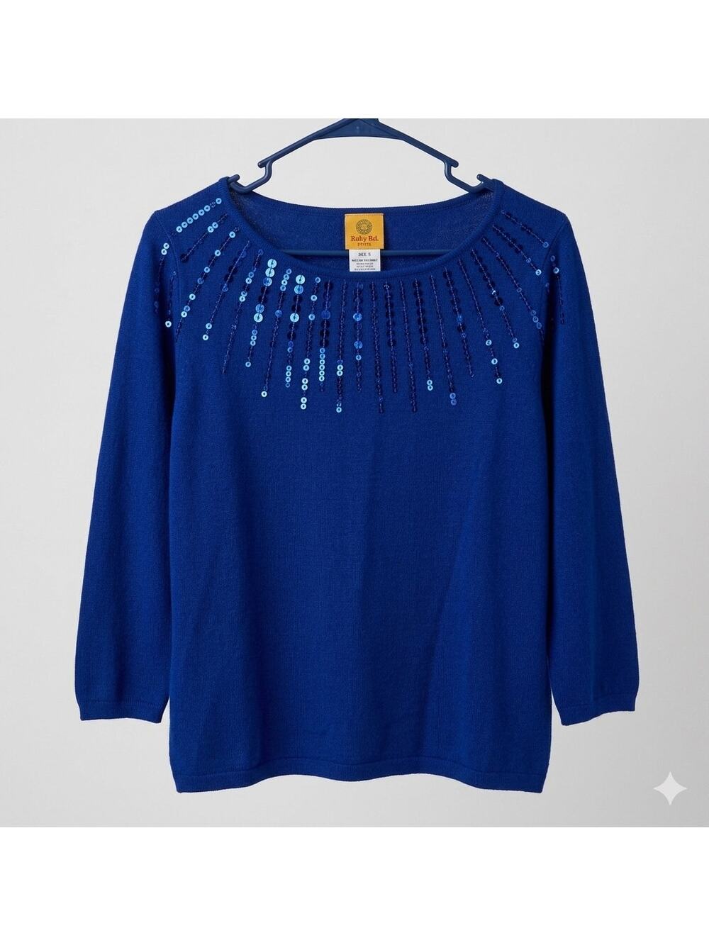 Ruby Rd Womens Size L Blue Sweater Top Sequin Neckline 3/4 Sleeve Rayon Blend
